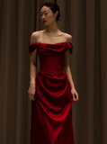 Elegant Mermaid Off The Shoulder Burgundy Satin Prom Dresses Formal Summer Wedding Guest Dresses Wedding Guest Outfits HZ1214