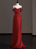 Elegant Sheath Off The Shoulder Red Satin Prom Dresses Formal Summer Wedding Guest Dresses Wedding Guest Outfits HZ1214