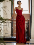 Elegant Sheath Square Neck Red Satin Prom Dresses Summer Wedding Guest Dresses Wedding Guest Outfits HZ1214