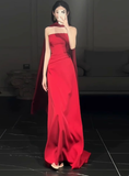Gorgeous Sheath Strapless Red Satin Prom Dresses Formal Summer Wedding Guest Dresses Wedding Guest Outfits HZ1214