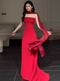 Gorgeous Sheath Strapless Red Satin Prom Dresses Formal Summer Wedding Guest Dresses Wedding Guest Outfits HZ1214