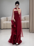 Gorgeous Sheath Strapless Burgundy Satin Prom Dresses Formal Summer Wedding Guest Dresses Wedding Guest Outfits With Scarf HZ1214