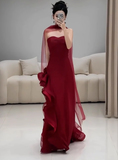 Gorgeous Sheath Strapless Burgundy Satin Prom Dresses Formal Summer Wedding Guest Dresses Wedding Guest Outfits With Scarf HZ1214