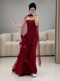 Gorgeous Sheath Strapless Burgundy Satin Prom Dresses Formal Summer Wedding Guest Dresses Wedding Guest Outfits With Scarf HZ1214