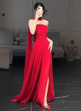 Gorgeous Sheath Strapless Red Chiffon Slit Prom Dresses Formal Summer Wedding Guest Dresses Wedding Guest Outfits HZ1214