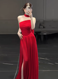Gorgeous Sheath Strapless Red Chiffon Slit Prom Dresses Formal Summer Wedding Guest Dresses Wedding Guest Outfits HZ1214
