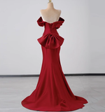 Elegant Mermaid Off The Shoulder Red Satin Prom Dresses Formal Summer Wedding Guest Dresses Wedding Guest Outfits HZ1214