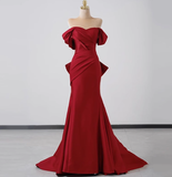 Elegant Mermaid Off The Shoulder Red Satin Prom Dresses Formal Summer Wedding Guest Dresses Wedding Guest Outfits HZ1214
