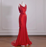 Elegant Mermaid V Neck Red Satin Prom Dresses Formal Summer Wedding Guest Dresses Wedding Guest Outfits HZ1214