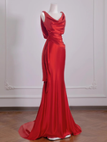 Elegant Mermaid V Neck Red Satin Prom Dresses Formal Summer Wedding Guest Dresses Wedding Guest Outfits HZ1214