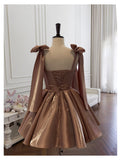 Sexy A line Spaghetti Straps Satin Brown Short Homecoming Dress Summer Hoco Dresses Cocktail Dress Birthday Outfits HZ1214
