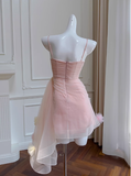 Sexy A line Spaghetti Straps Pink Tulle Short Homecoming Dresses Summer Hoco Dresses Cocktail Dress Birthday Outfits HZ1214