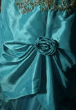 Blue A-Line Spaghetti Straps Satin Beaded Long Prom Dress Sweetheart Neck Applique Graduation Prom Dress HZ1108