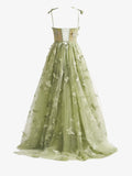 Green A-line Butterfly Lace Corset Prom Dress with Slit HZ1108