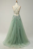 Sage A-line Spaghetti Strap Tulle Long Prom Dress Applique V-neck Party Dress HZ1108