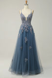 Sage A-line Spaghetti Strap Tulle Long Prom Dress Applique V-neck Party Dress HZ1108