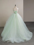 A-Line Tulle Lace Strapless Long Prom Dress, Tulle Green Long Formal Dress HZ1108