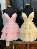 A-Line Deep V Neck Tiered Short Prom Dress HZ1108