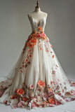 Aesthetic A-line V-neck Tulle Applique Wedding Dress, Elegant Lace Spaghetti Strap Prom Dress HZ1108