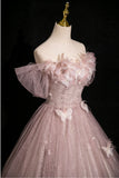 Pink Tulle Sequins Off the Shoulder Butterfly Flower Prom Dress HZ1108