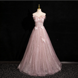 Pink Tulle Sequins Off the Shoulder Butterfly Flower Prom Dress HZ1108
