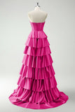 Fuchsia A-line strapless sweetheart neck satin simple long prom dress HZ1108