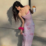 French Print Spaghetti Strap Mesh Backless Suspender Dress HZ1108