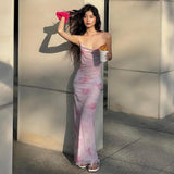 French Print Spaghetti Strap Mesh Backless Suspender Dress HZ1108