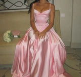 Elegant Spaghetti Straps A Line Prom Dress Satin Pink Long Bridesmaid Dresses HZ1108