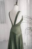Charming A-Line Dark Green SatinV-Neckline Low Back Prom Dress, Dark Green Formal Dress HZ1108
