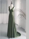 Charming A-Line Dark Green SatinV-Neckline Low Back Prom Dress, Dark Green Formal Dress HZ1108