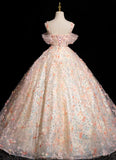 Pink A-line Spaghetti Straps Lace Tulle Flowers Sweetheart Long Prom Dress, Pink Off Shoulder Sweet 16 Dress HZ1108