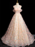 Pink A-line Spaghetti Straps Lace Tulle Flowers Sweetheart Long Prom Dress, Pink Off Shoulder Sweet 16 Dress HZ1108