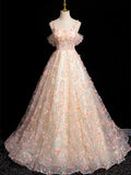 Pink A-line Spaghetti Straps Lace Tulle Flowers Sweetheart Long Prom Dress, Pink Off Shoulder Sweet 16 Dress HZ1108