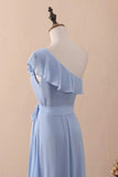 Periwinkle A-Line One-Shoulder Ruffled Chiffon Long Bridesmaid Dress Prom Dress HZ1108