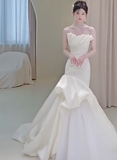 Ivory Strapless Mermaid Wedding Dresses, Tulle Satin Tender Sleeveless Bridal Gowns HZ1108