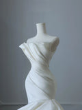 Ivory Strapless Mermaid Wedding Dresses, Tulle Satin Tender Sleeveless Bridal Gowns HZ1108
