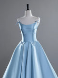Blue A-Line Spaghetti Straps Satin Long Prom Dress, Blue Long Evening Dress HZ1108
