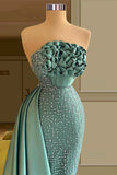 Elegant Strapless Long Green Satin Mermaid Sleeveless Beading Prom Dresses With Ruffles Long HZ1108