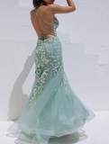 Tiffany Blue Spaghetti Straps Lace Appliques Mermaid V-Neck Tulle Long Prom Dress HZ1108