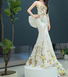White Wedding Dress Elegant Mermaid Strapless Tulle Lace Long Prom Dress Applique Evening Dress HZ1108