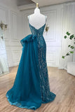 Sky Blue Elegant Mermaid Spaghetti Strap Tulle Beading Long Prom Dress HZ1108
