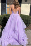 Purple Elegant A-line V-neck Spaghetti Strap Tulle Long Prom Dress HZ1108