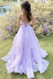 Purple Elegant A-line V-neck Spaghetti Strap Tulle Long Prom Dress HZ1108