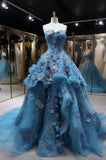 Sweetheart A-line Tulle 3D Appliqu¨¦ Long Prom Dress, Vintage Evening Gown HZ1108