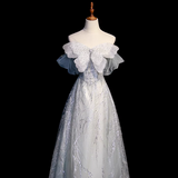 Silver Grey A-Line Tulle Sequin Long Prom Dress,Sweet Off-shoulder Evening Dress HZ1108