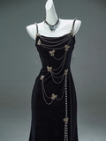 Black Mermaid Spaghetti Straps Velvet Beaded Long Prom Dresses , Elegant Evening Dress HZ1108
