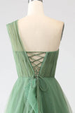 Dark Green A-Line One-Shoulder sequins Tulle Long Prom Dress HZ1108