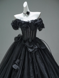 Black A-line Off-the-Shoulder Tulle 3D Applique Long Prom Dress,Adult Ceremony Graduation Prom Dress HZ1108