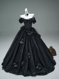 Black A-line Off-the-Shoulder Tulle 3D Applique Long Prom Dress,Adult Ceremony Graduation Prom Dress HZ1108